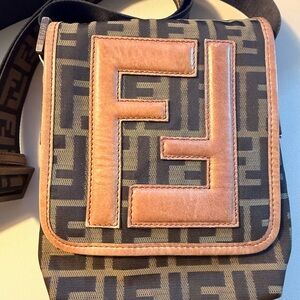 Fendi Brown Monogram Messenger Bag with Tan Leather FF Patch